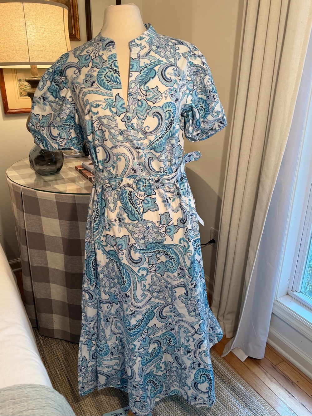 VENUS Blue and White Paisley Maxi Dress with Belted Waist Sz. M. NWT